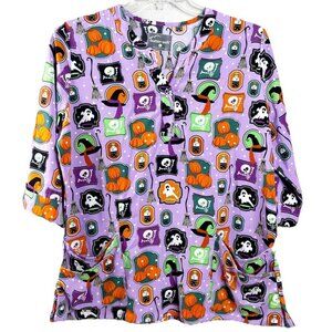 Butter Soft Large (Fits Like XL) Halloween Skeleton Ghost Button Scrub Top EUC